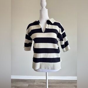 Tahari Black and Cream Striped V-Neck Sweater